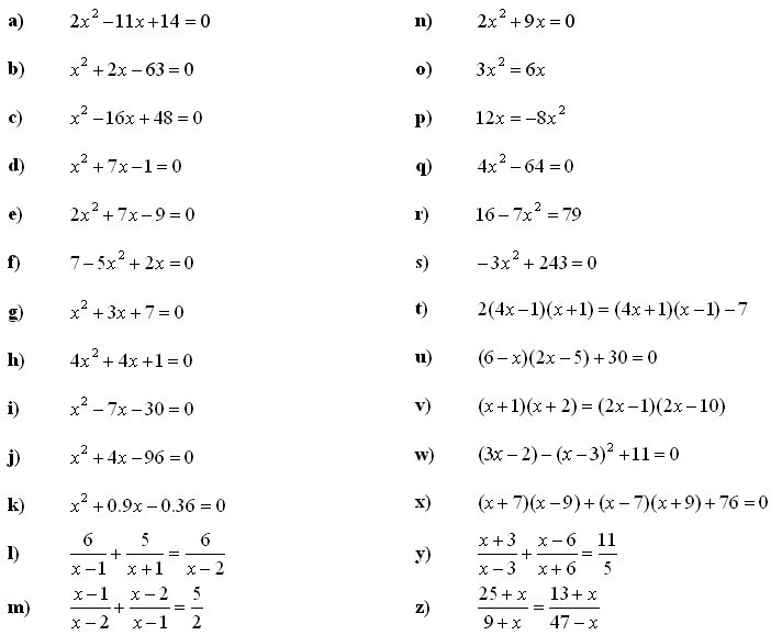 Quadratic Equation Questions
