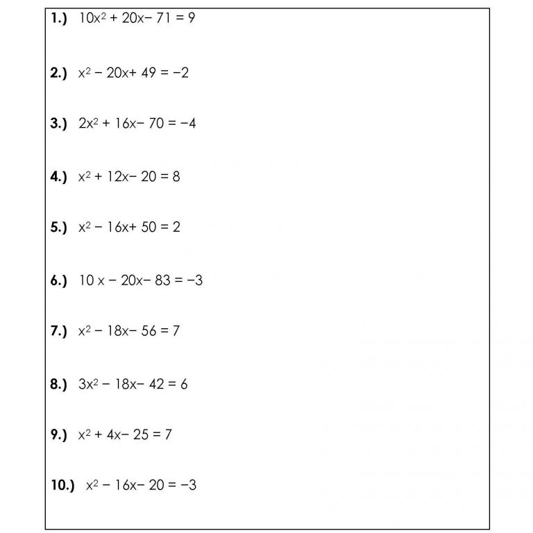 Quadratic Equation Worksheet Problem With Solution